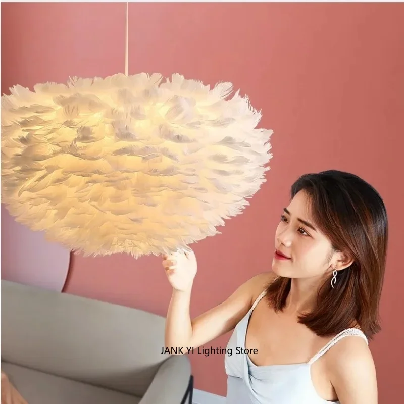 Nordic Modern White Feather Chandelier  Living Bedroom Ceiling Lighting Warm Dining Room Lamp Clothing Cafe Coffee Shop 30 CM