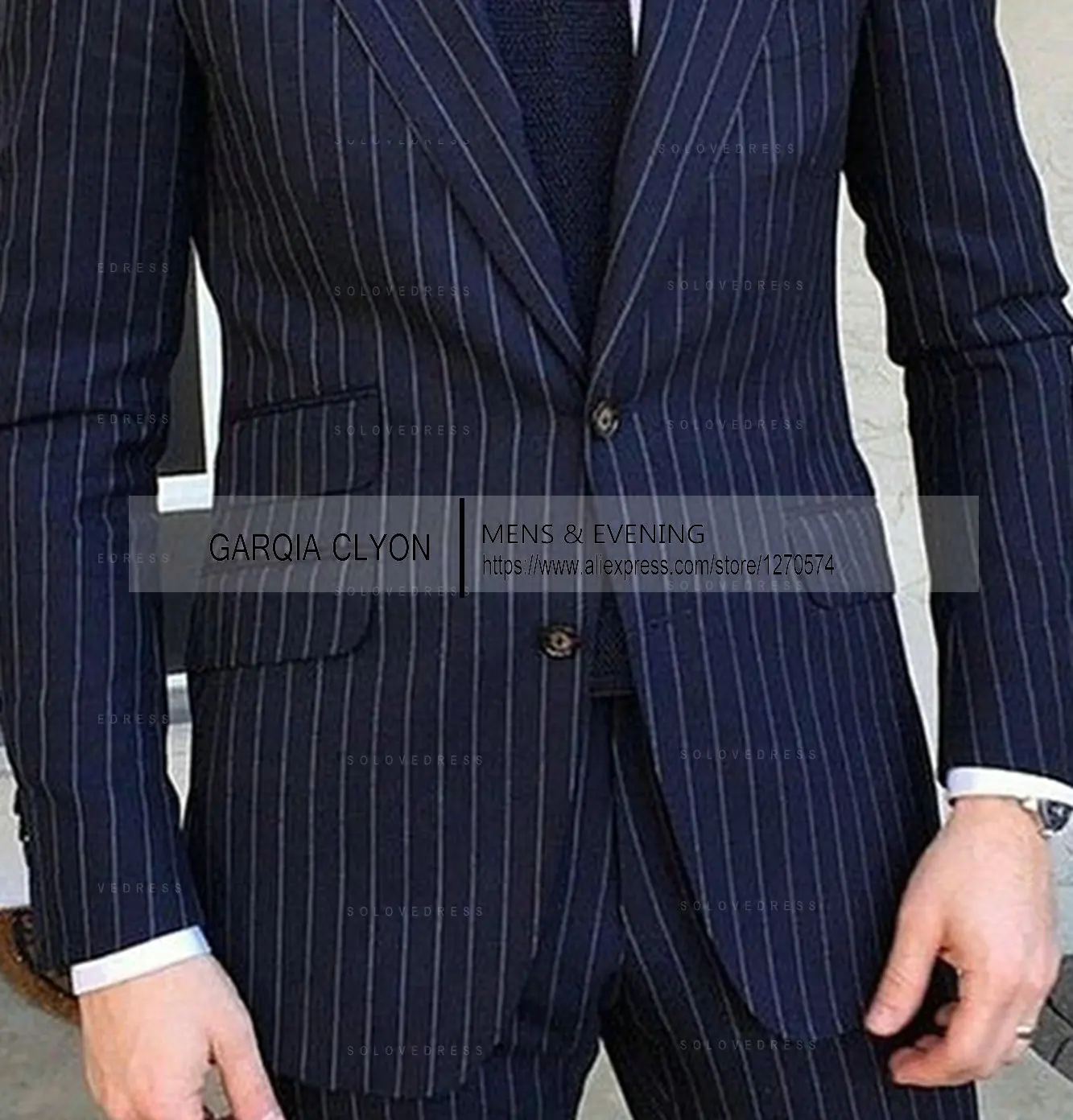 Pinstripe Men\'s Suit Tuxedo Notched Lapel Navy Blue Slim Fit for Formal Wedding Striped Male Two Pieces Fashion Business Groom