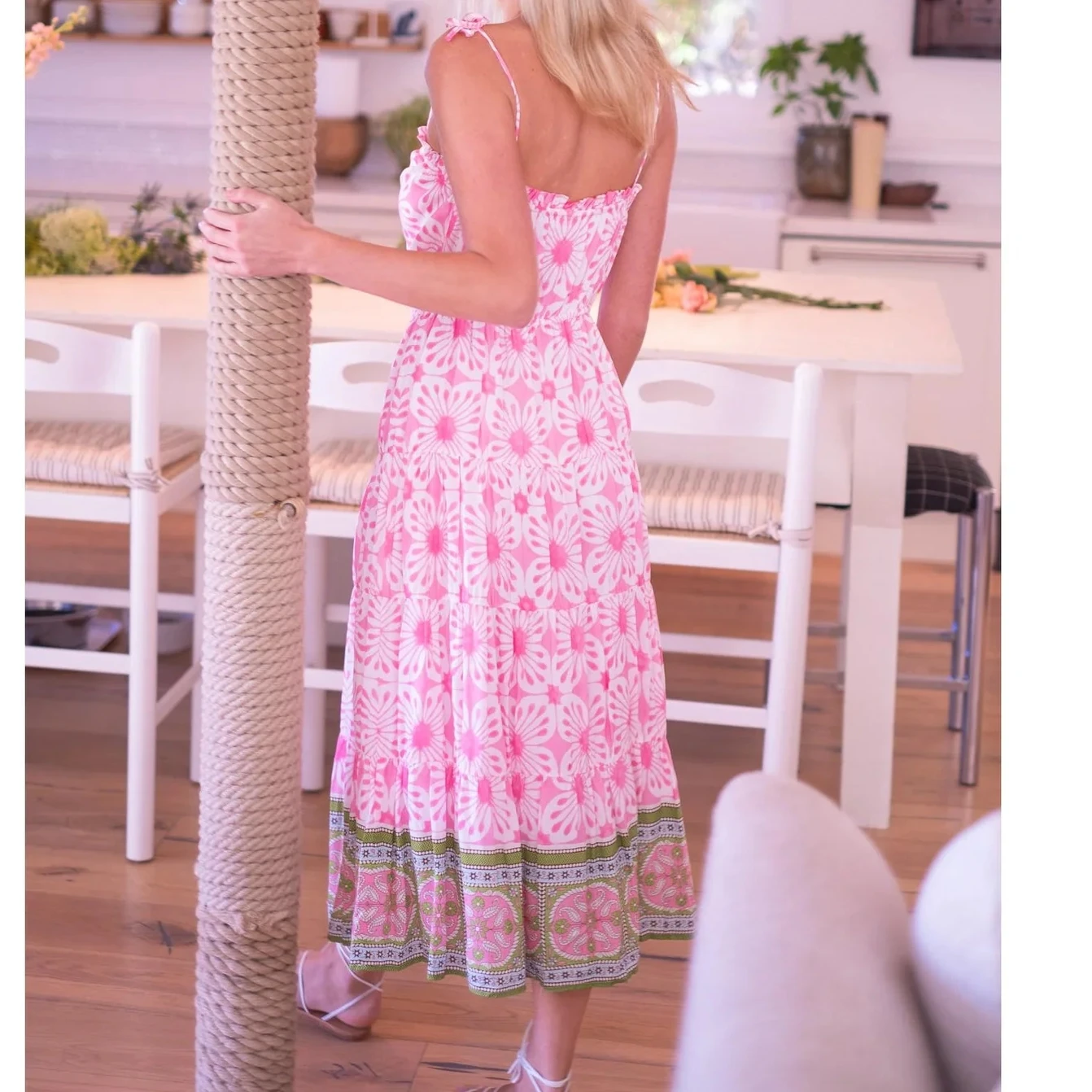 

2025 женское милое летнее длинное платье с цветочным принтом на бретельках, лоскутное платье на шнуровке для отдыха, пляжа, повседневное