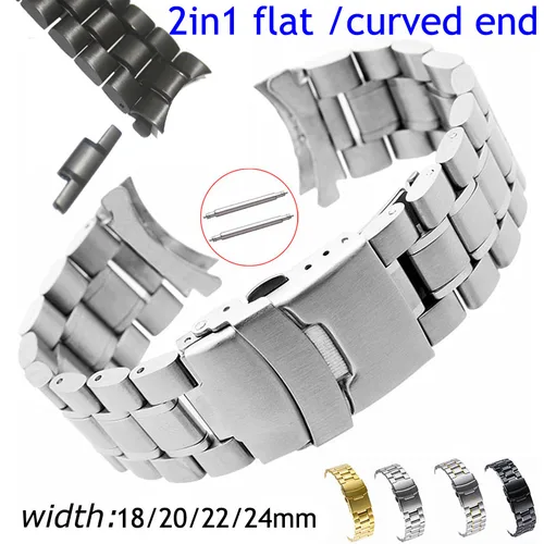 Correa de reloj de acero inoxidable plateada y negra, pulsera de repuesto de 18mm, 20mm, 22mm y 24mm con extremo curvo recto