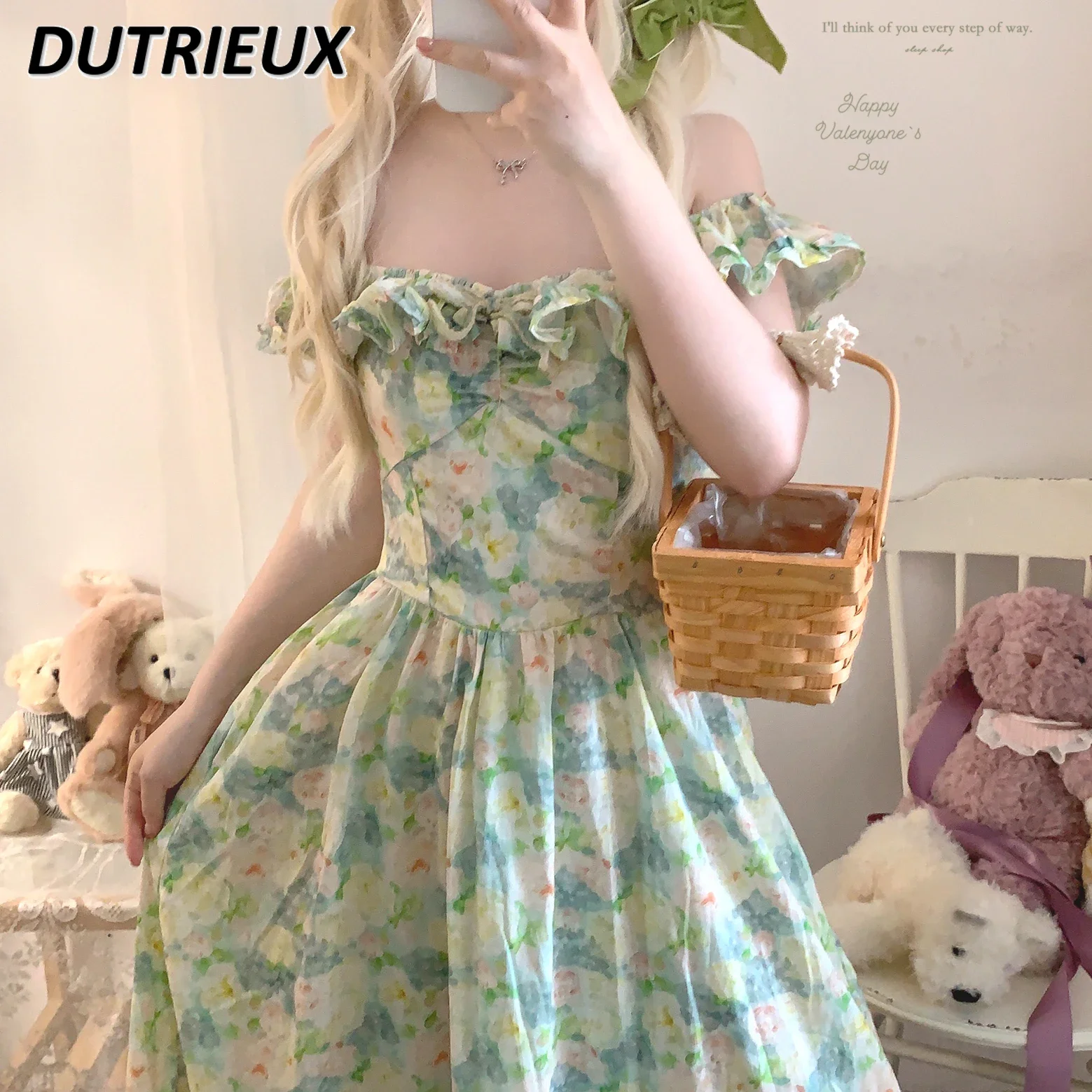 

Japanese Sweet Style Blooming Flower Ink Cotton Lotus Leaf Bow Maxi Dress Girls Holiday Off-Neck High Waist Long Dresses