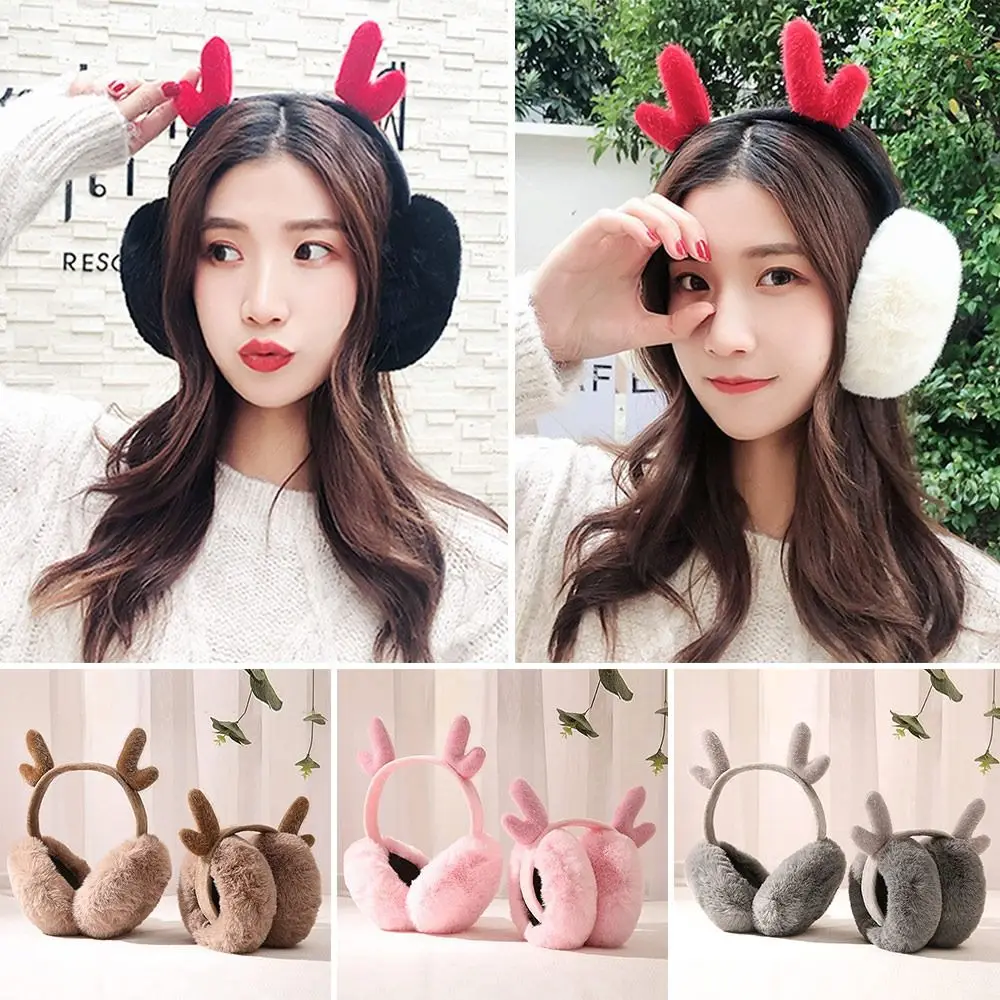 Winter Warm Plush Earmuffs Foldable Adjustable Earflaps Casual Cute Antlers Ear Warmer for Men Women