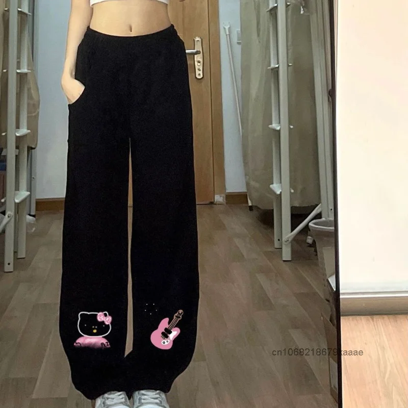 Sanrio Hello Kitty Sweet Cute Print Plush Thickened Casual Pants Women Winter New Loose Fitting Straight Tube Wide Leg Trousers