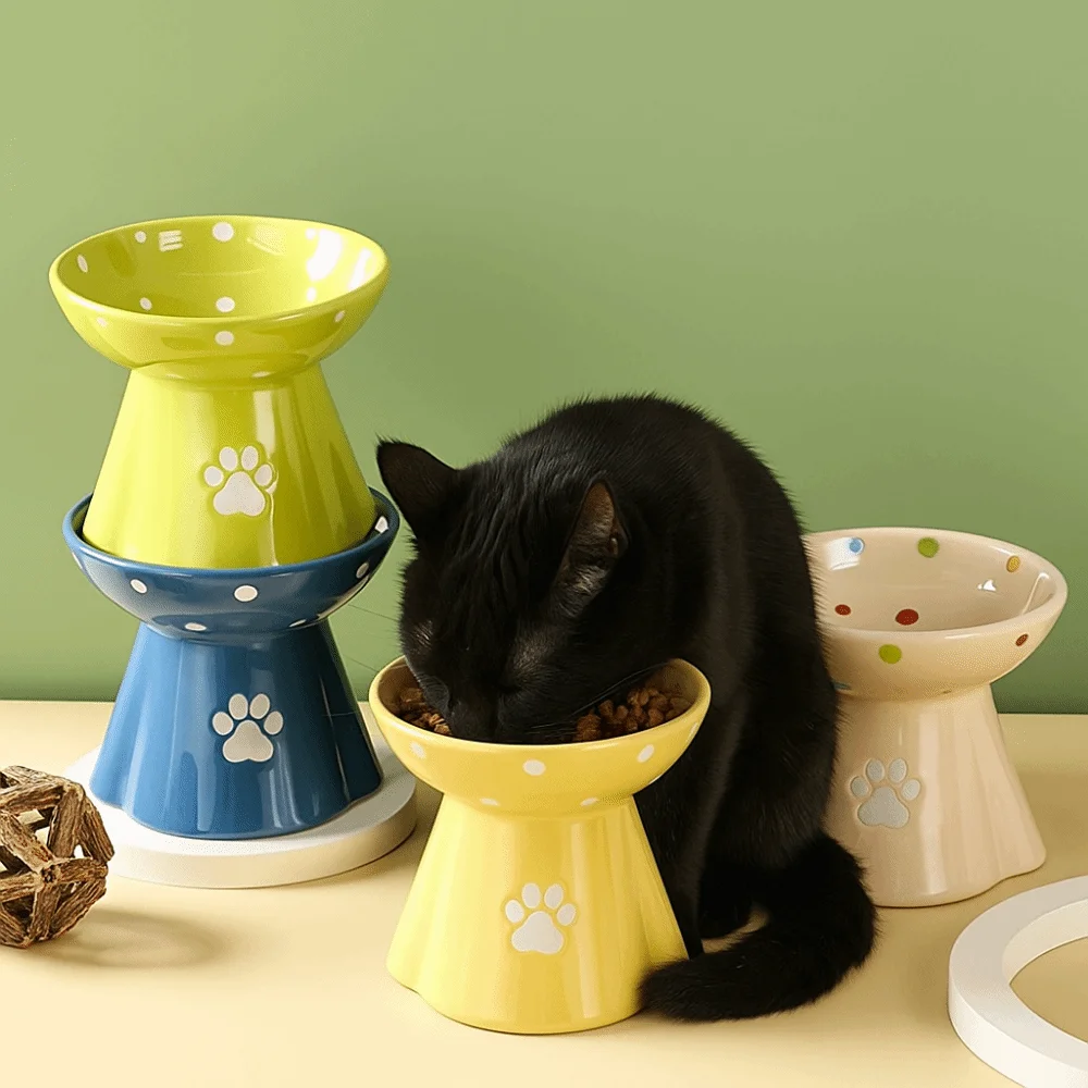 

Ceramic Cat Bowl Anti Tipping Large Capacity Pet High Foot Bowl Cute Non-slip Pet Drinking Feeder Kitten Puppy