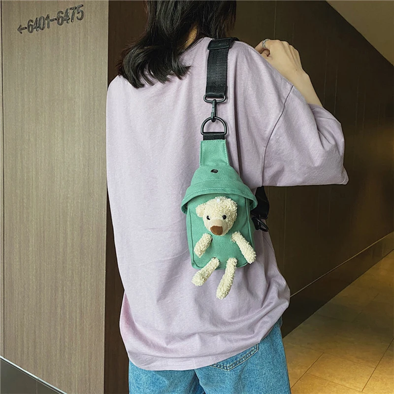 Korean Bear Crossbody Bags Fashion Canvas Chest Bag Outdoor Travel Key Phone Storage Bags Cute Doll Shoulder Bags Girl Backpack - view 3