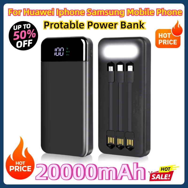 

For Huawei Iphone Samsung Mobile Phone 20000mAh Protable Power Bank 3 Usb Fast Charging Battery Pack Portable Built in Cables