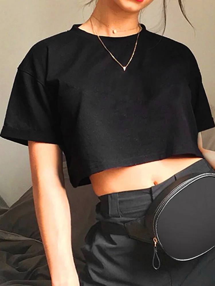 Harajuku Shirt Funny Y2K Women Crop Tops Casual Black Femme Navel T-shirt Round Neck Short Loose Tee Shirt Summer Streetwear