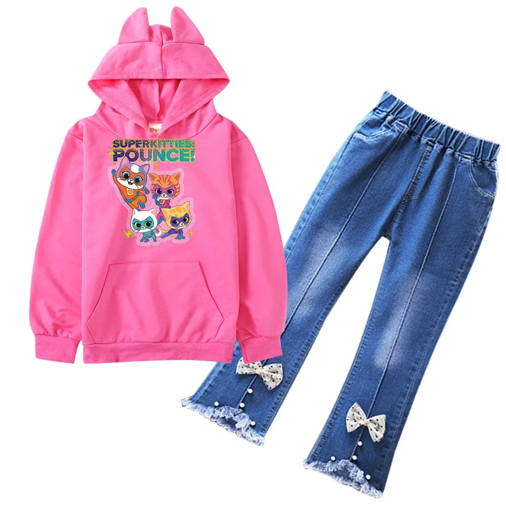 

New Superkitties Hoodie Kids Hooded Sweatshirts Denim Jeans Two-piece Sets Toddler Girls Super Cats Clothes Children's Clothing