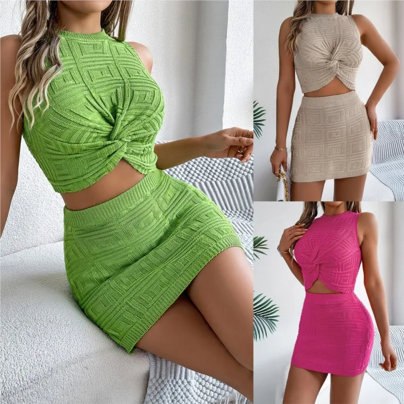 2024 Spring/summer Casual Knotted Crop Top Hip Hugging Skirt Knitted Set Women\'s Round Neck Sleeveless Top Slim Fit Skirt Set