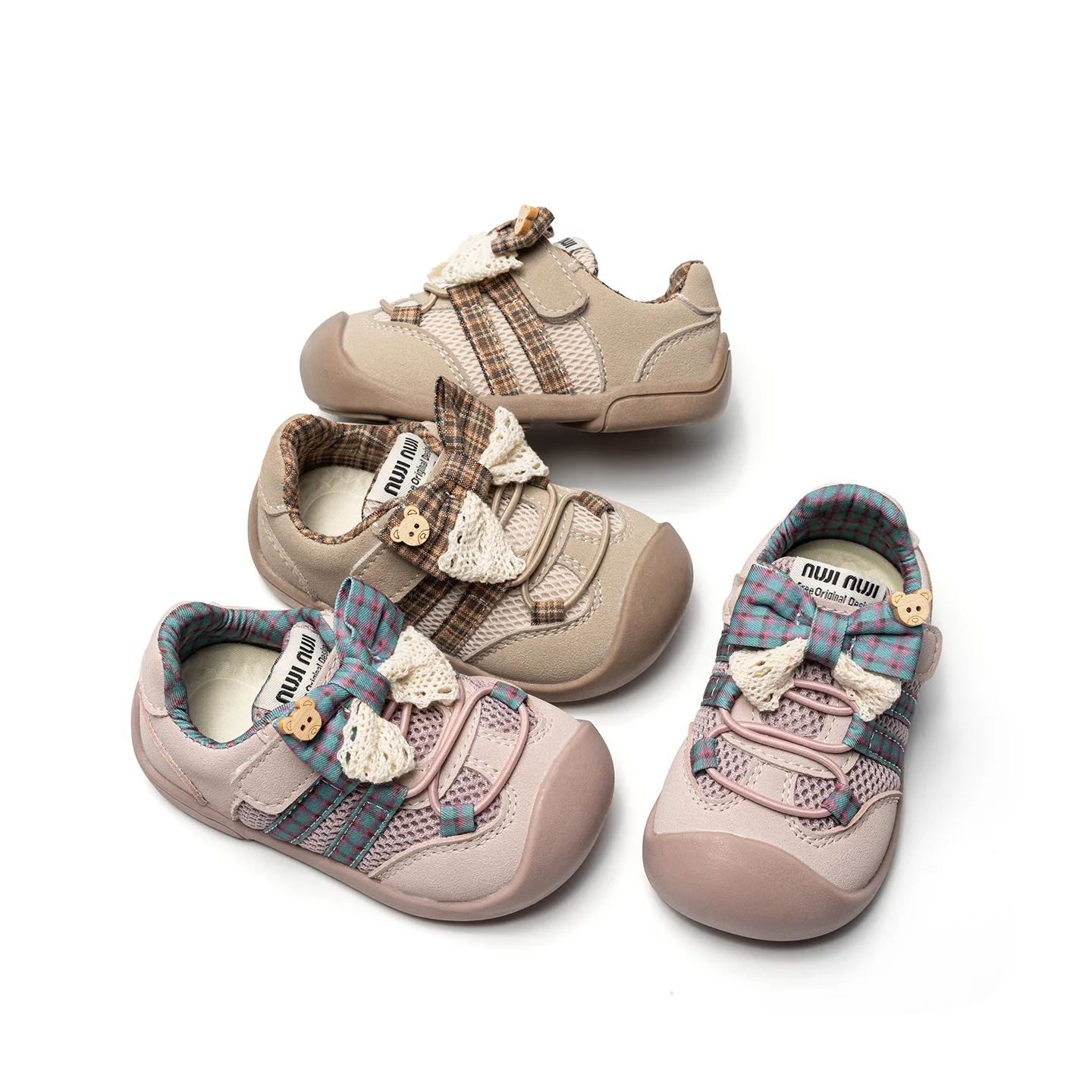 Toddler Girls Breathable Mesh Sneakers, Plaid Bow Decor, Hook and Loop, Anti Kick Toe Cap, Non Slip Sole for Daily Walking