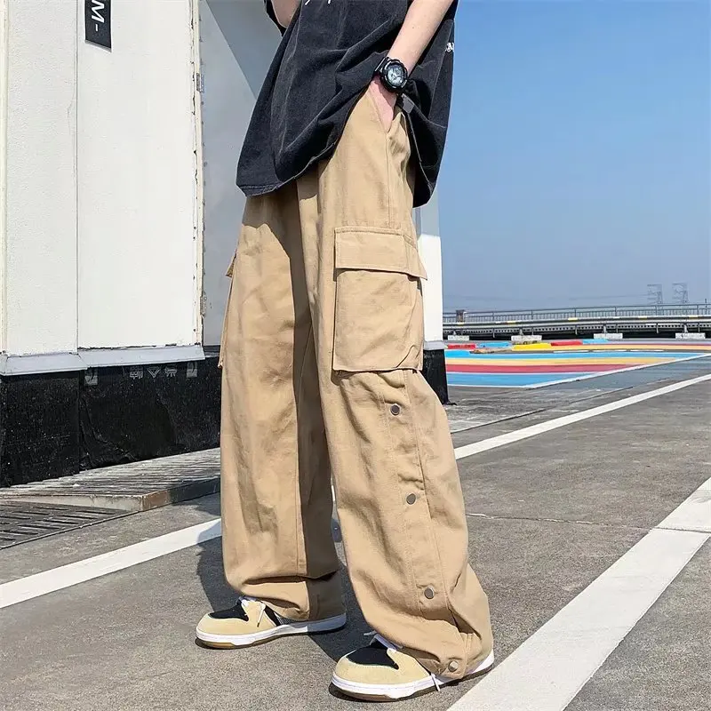 

2024 Men Cargo Pants Harajuku Style Straight Solid Big Pockets Loose Wide Leg Trousers