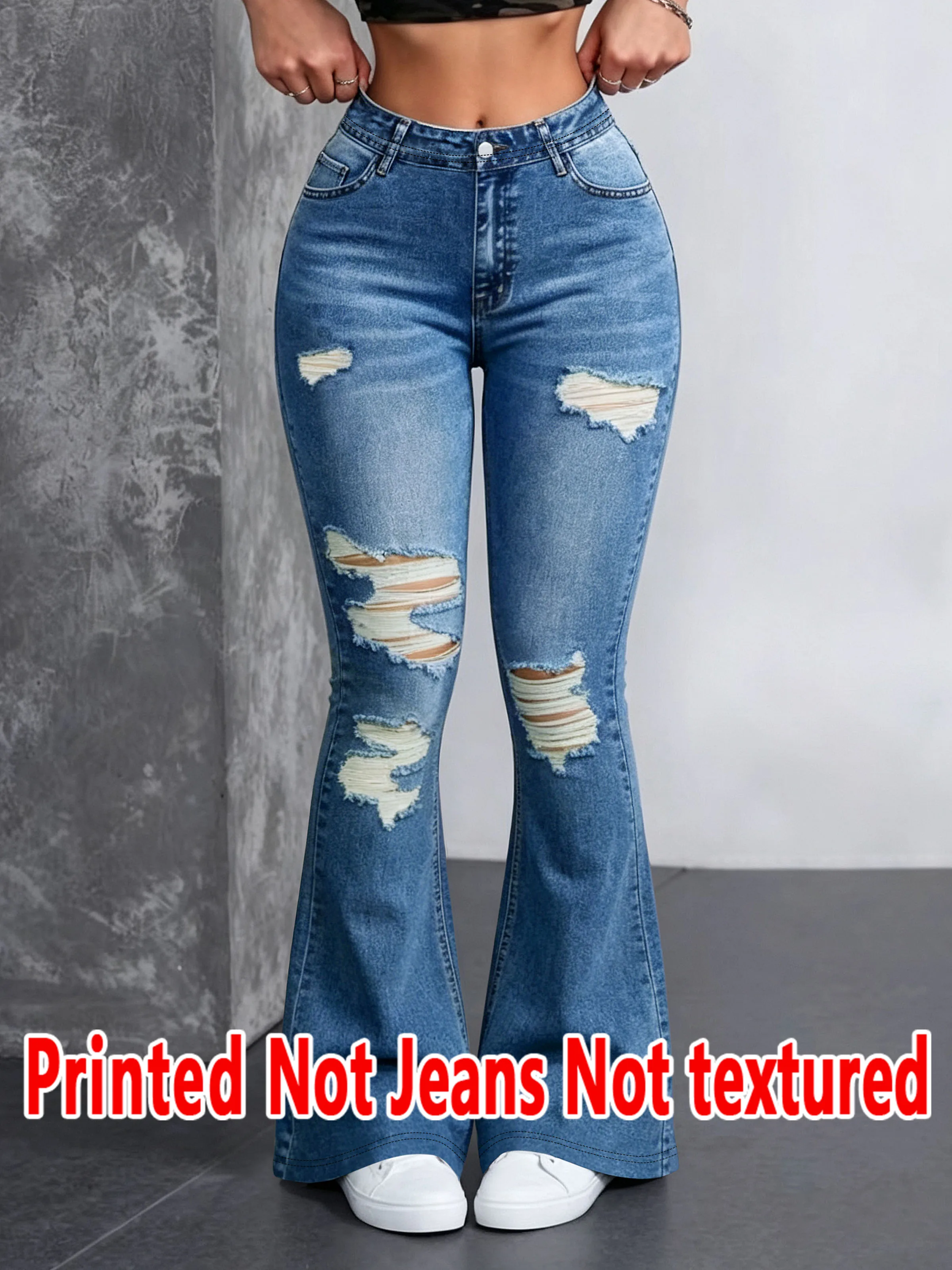1566  Ladies Non- Denim Floral Print Bell Bottom Pants Tear Design Casual Long Trousers Suitable for All Seasons