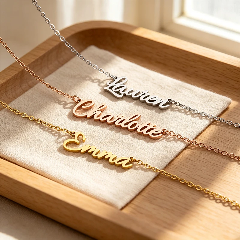 Collier avec pendentif personnalisé en acier inoxydable, lettres de votre nom, différentes polices d'écriture, collier personnalisé pour femme, bijoux
