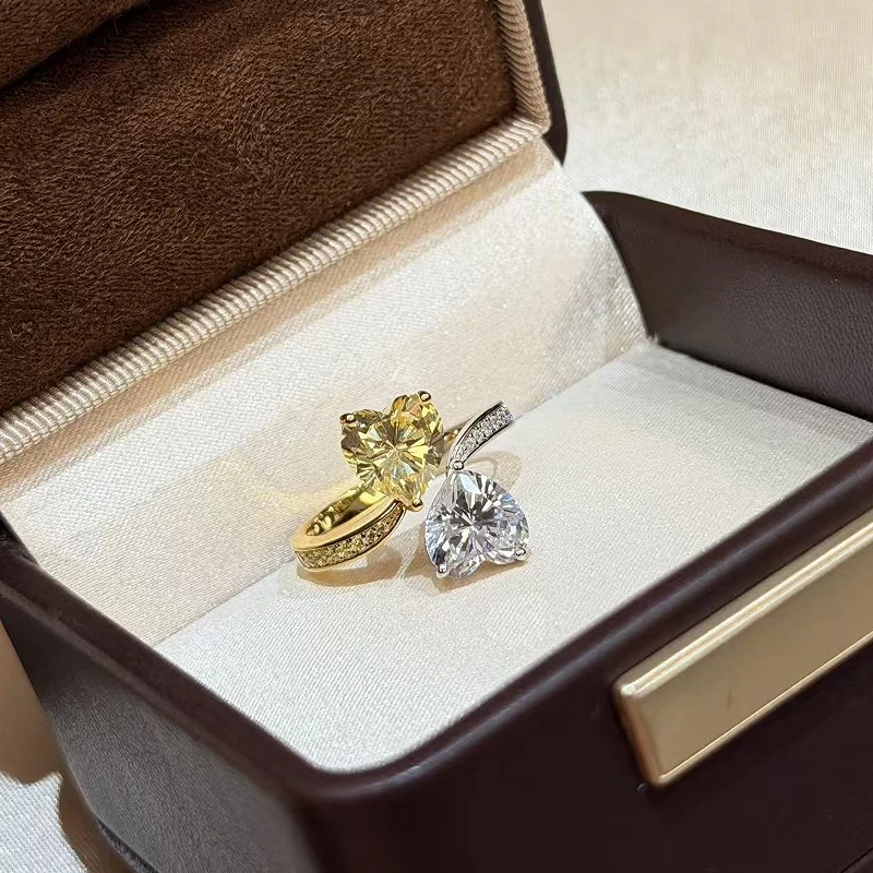 S925 sterling silver light goose yellow diamond white diamond two-color heart diamond open ring simulated diamond color-separate
