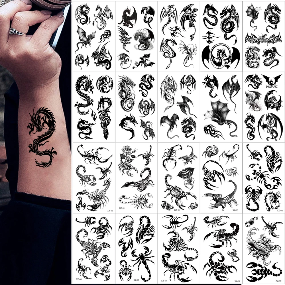

10 шт., временные татуировки с изображением дракона, скорпиона, змеи, водонепроницаемые поддельные татуировки для рук, шеи и боди-арта, мужские и женские татуировки, наклейки