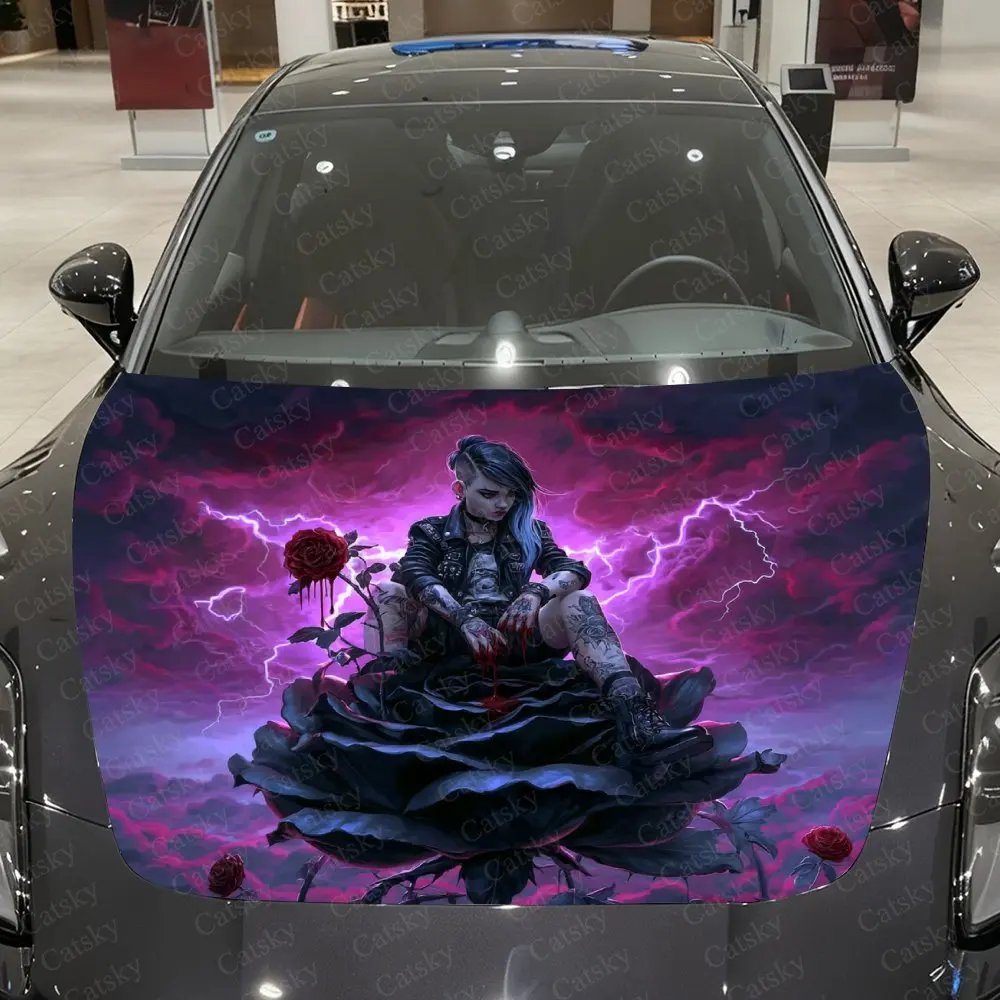 Rose And Punk Girl Car Hood Sticker-Durable Vinyl Film, Splash Proof And Easy To Remove, Suitable For All Car Models-Car Parts G
