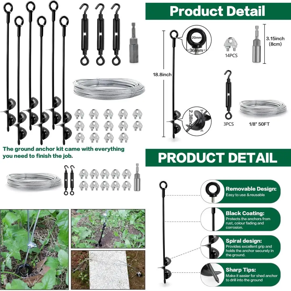 

Heavy Duty Shed and Canopy Ground Anchor Kit with 18 Earth Anchors, 1/8 Inch Galvanized Cable, Turnbuckles for Stability and Dur