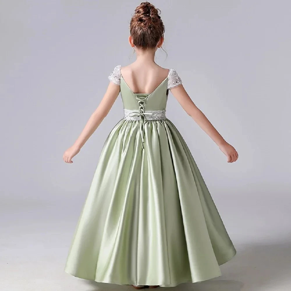 

Customized Green Flower Girl Dress for Wedding Glitter High Waist Floor Length Elegant Kids Birthday First Communion Gown