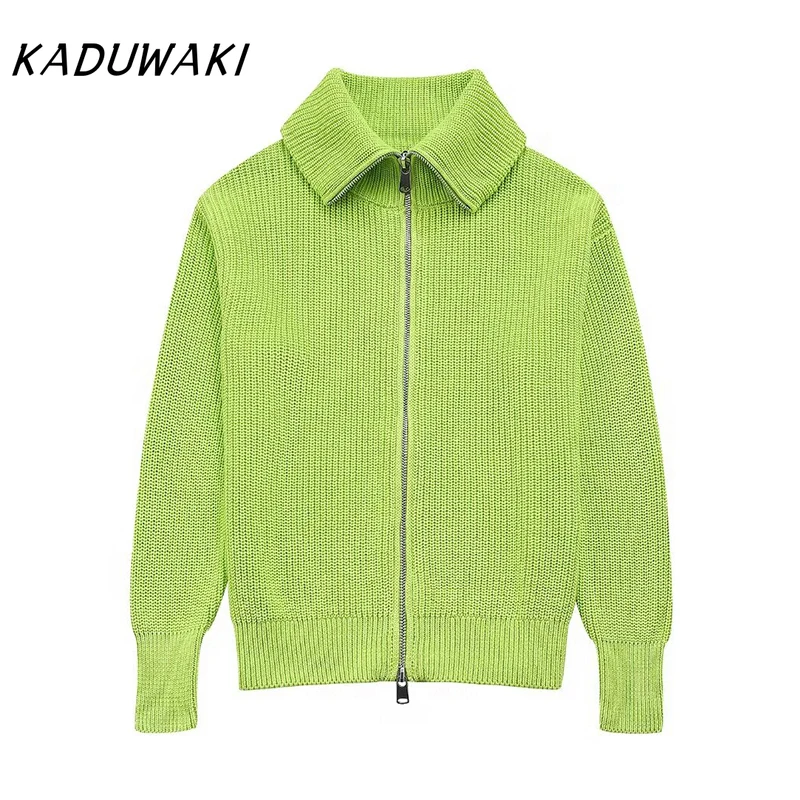 KADUWAKI Casual Bright Green Knitted Sweater Turn-Down Collar Knitwear Tops Elegant Lady Autumn Simple Zipper Front Open Sweater