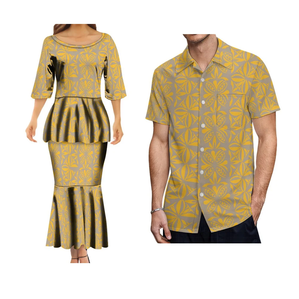 

Summer Couple 2024 New Couture Double Layer Set Dress Puletasi Women'S Long Dress Polynesian Print Design And Men'S Shirt