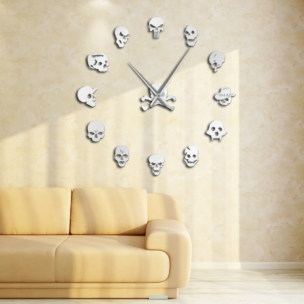 DIY 100x100cm Skull Head Wall Clock Mirror Effect Acrylic Wall Art Long Hand Hanging Watch Living Room Home Halloween Decor