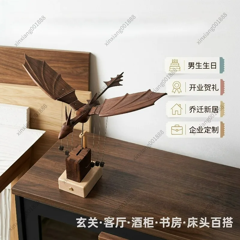 For Handmade Black Walnut Wooden Western Dragon Ornament Mechanical Model Desktop Decor Stress Relief Craft Gift