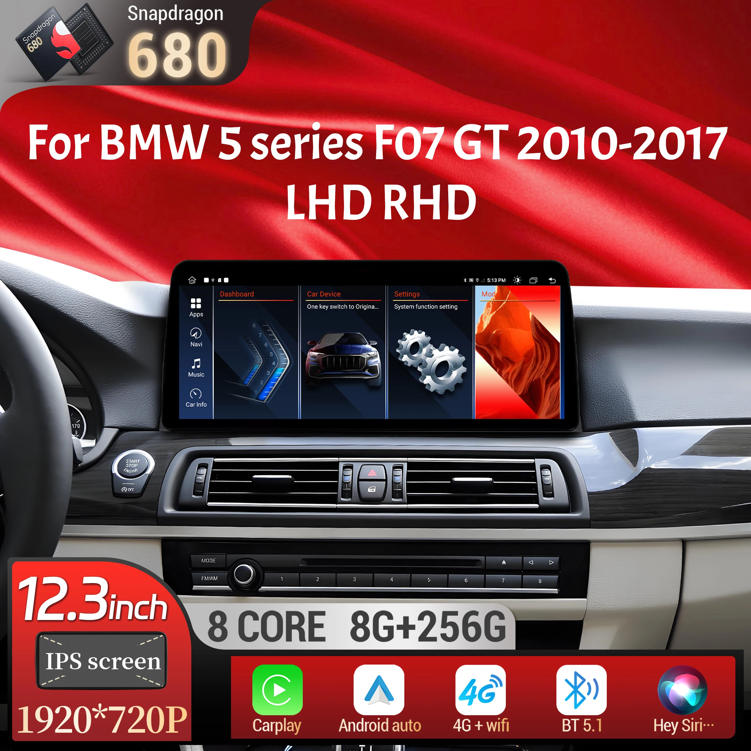 12.3 inch Android 14 For BMW 5 series F07 GT 2010-2017 4G Car Radio Wireless Bluetooth Carplay Head Unit Snapdragon 680 Screen