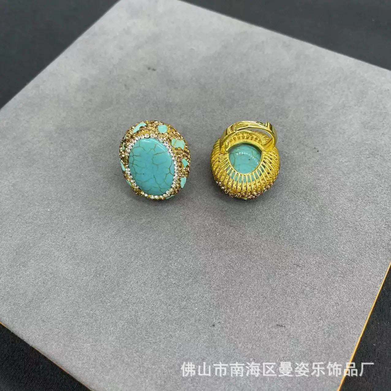 Factory direct sales turquoise ring inlaid with gravel 18K real gold color retention electroplating live ring accessories hot-se