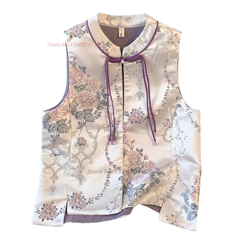 Tops hanfu vintage chino, chaleco jacquard satinado, chaqueta sin mangas, chaleco étnico tradicional con cuello levantado, chaleco folclórico retro 2024