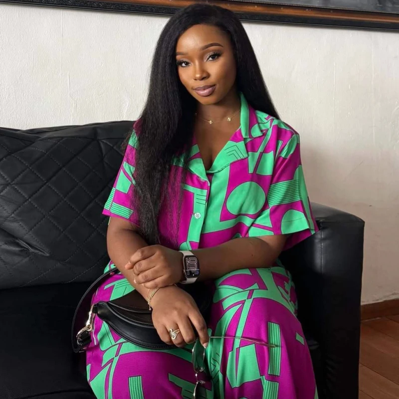 New African Fashion Casual Women Two Piece Set Geometry Printed Short Sleeve Loose Shirt And Wide Leg Pants Set Outfits