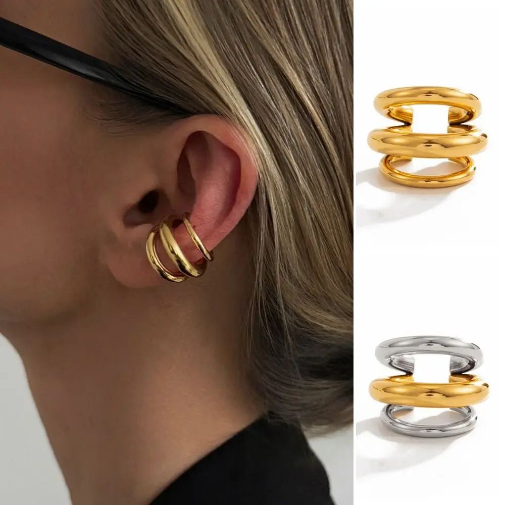 Trend Stainless Steel C Shape Ear Cuff Golded Silver Chunky Triple Ring Clip Minimalism Irregular Shape Ear Buckle Travel