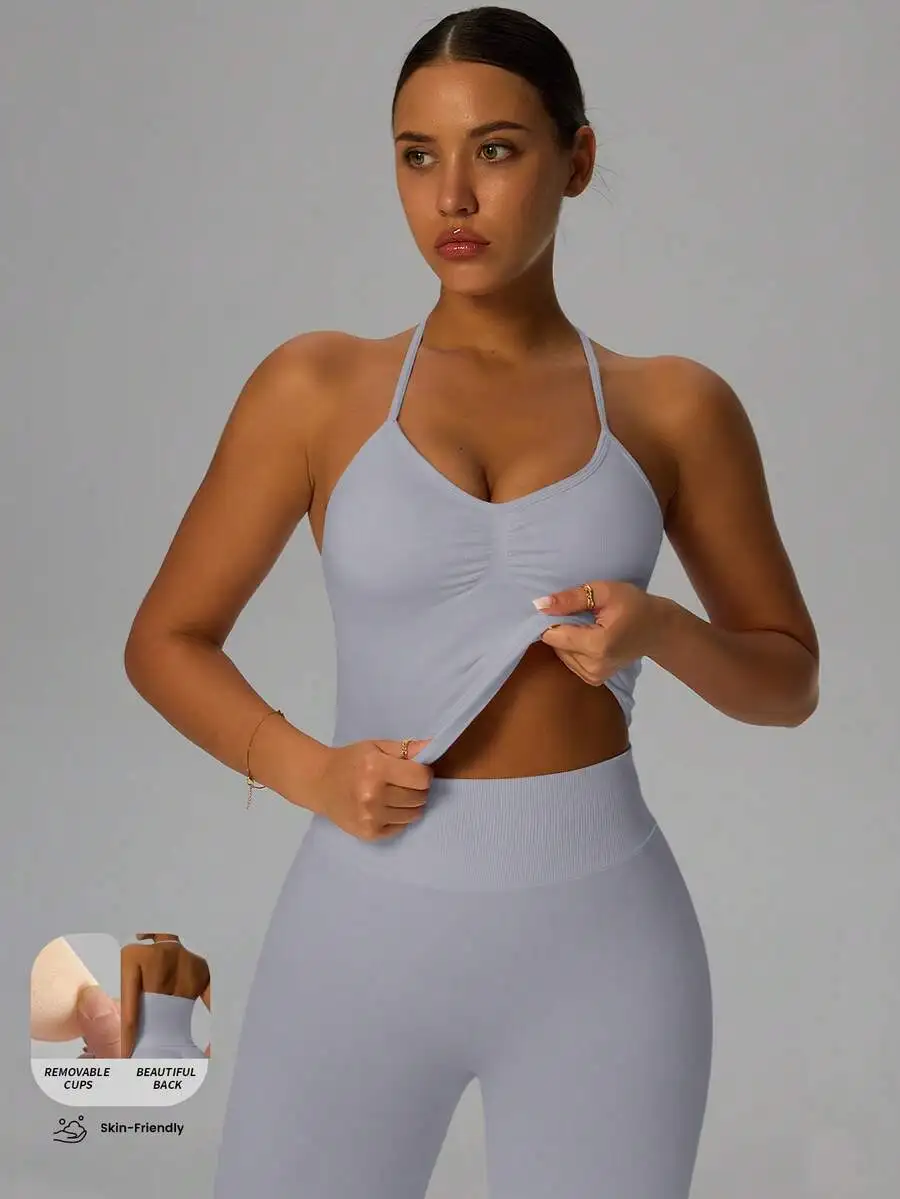 

Womens Ruched Crop Yoga Tank Top With Built-In Bra Backless Sports Fitness Wear