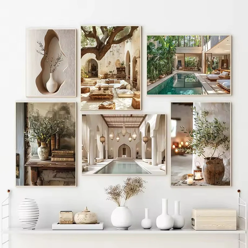 1pc Frameless Canvas Scandinavian Italy Olive Tree Branches Leaves Architecture Minimalist Wall Art Posters Prints Home Room Dec