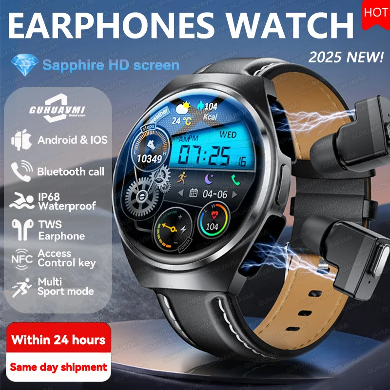 

New 2 in 1 TWS Earphone Smart Watch AMOLED Bluetooth HD Call NFC Sports Heart rate Music Waterproof Watches 2025 Men