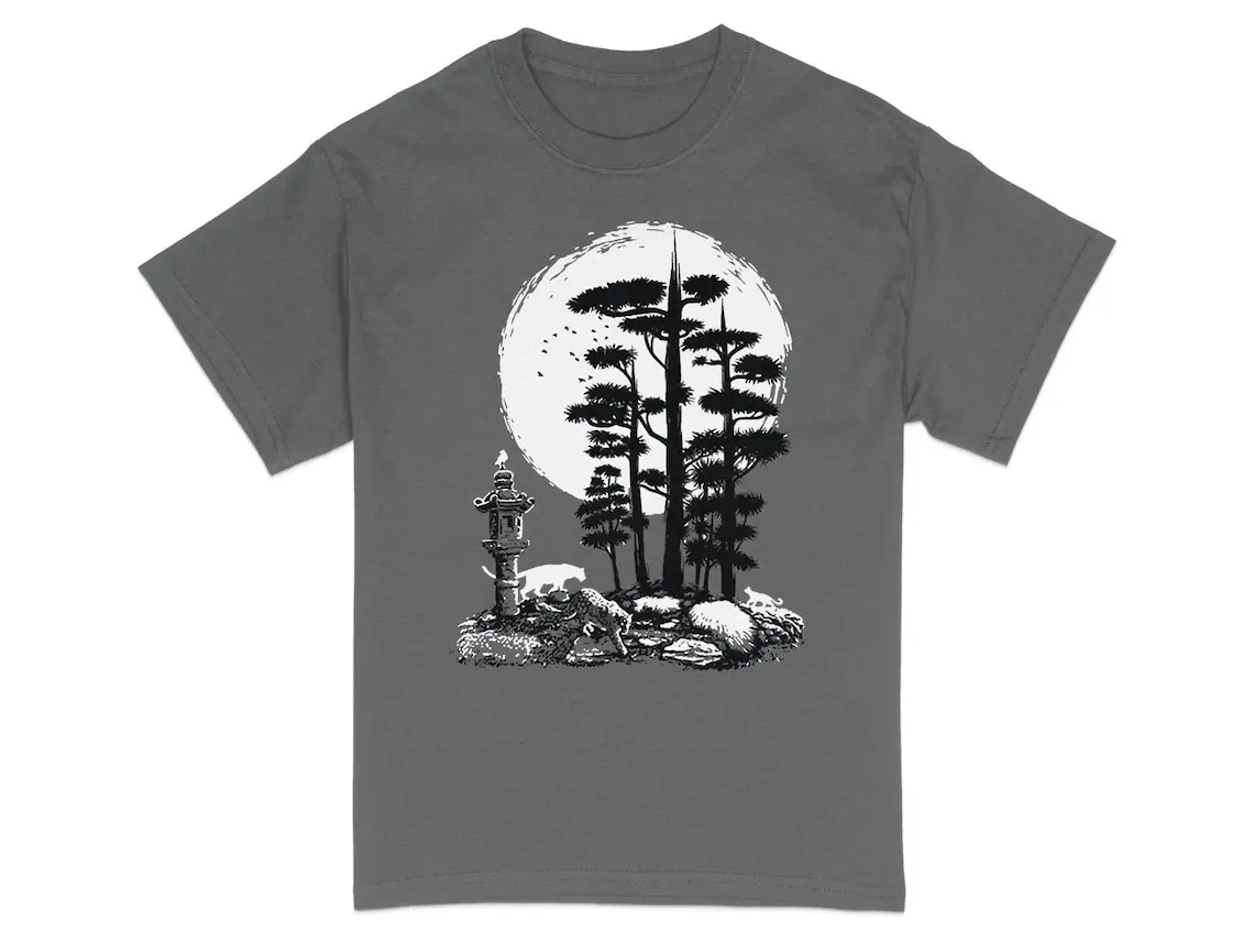 

Moonlit Forest Scene T-Shirt Nature Landscape Tee Serene Wilderness Graphic Unisex Shirt Design Outdoor Casual Wear,