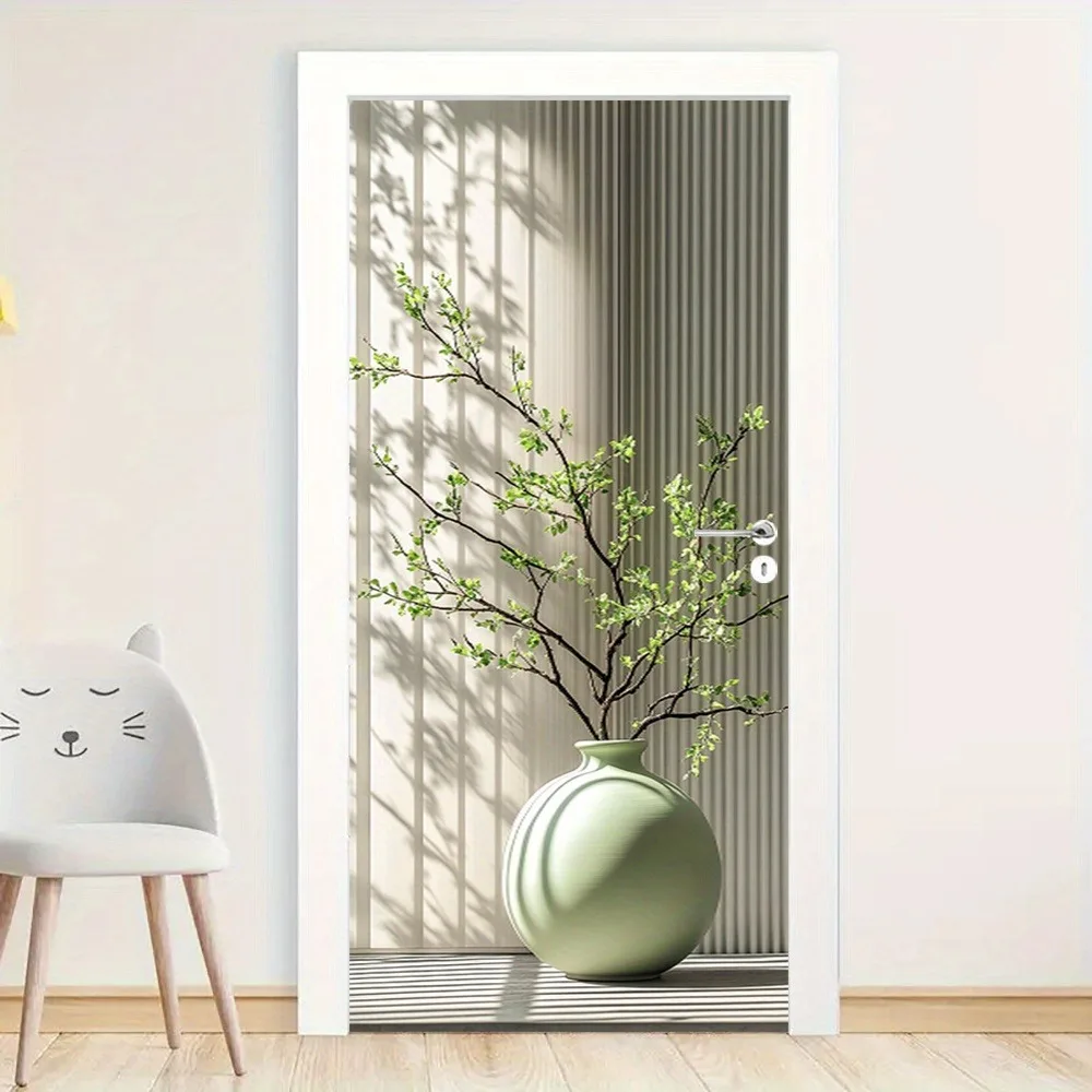 Tranquil Vase Branches Wall Door Sticker Self-adhesive Waterproof Wallpaper Decals Home Decor Door Wall Sticker Poster