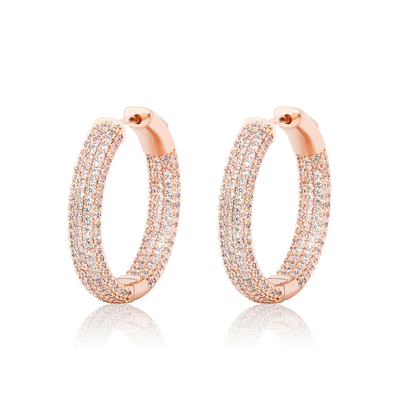 Iced Out Full Paved Cubic Zirconia Huggie Hoop Earrings Real Gold Plated Hip Hop Ear Buckle, Unisex Fashion Men Women Jewelry