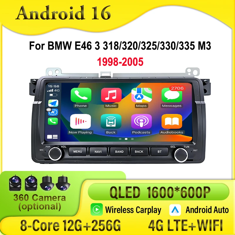 Android 16 Car Radio 9.3'' For BMW E46 3 318/320/325/330/335 M3 1998-2005 Wireless Auto Multimedia Stereo Carplay WIFI GPS BT
