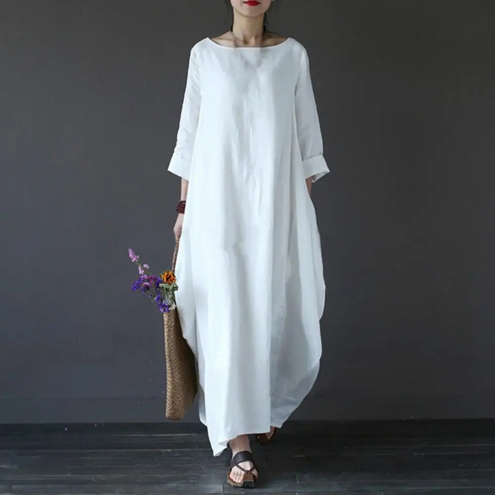 Cotton Linen Vintage Casual Loose Oversize Dress Round Neck Short Sleeve Oversized Maxi Dresses Big Swing Dress Long Dress Women