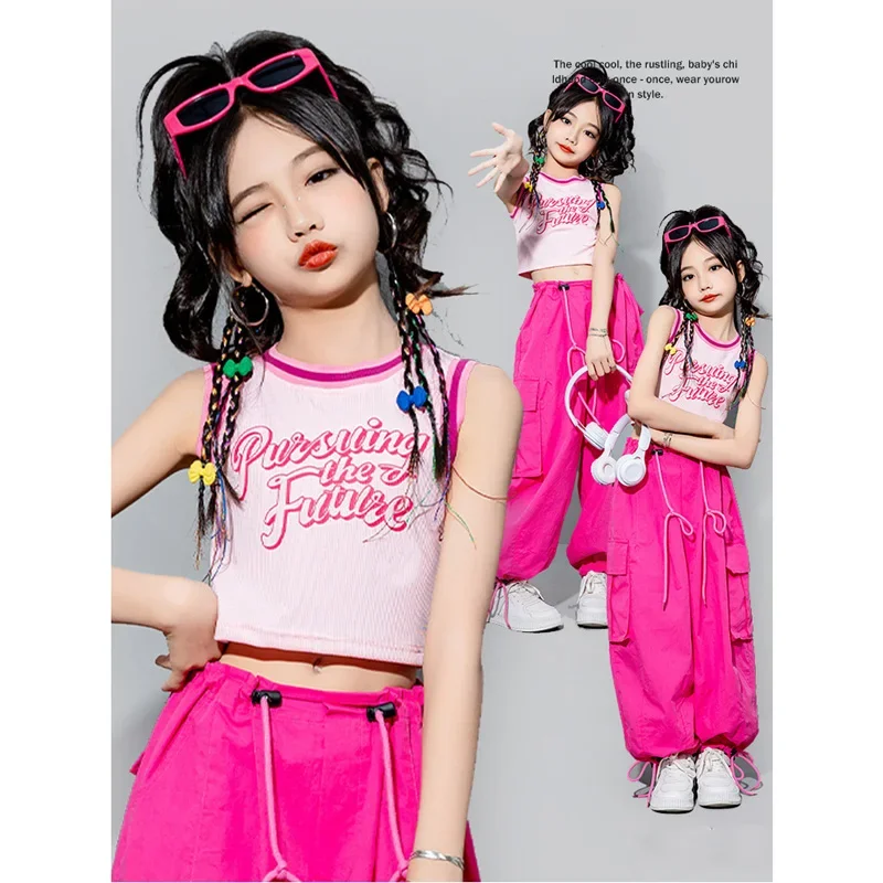 

Girls Hip Hop Dance Costume Children Summer short Top Rose Joggers Pants Kids Jazz Street Performance Clothes