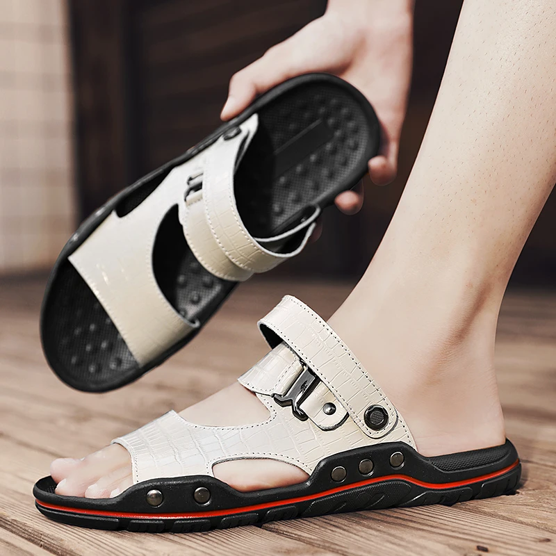 High Quality Men\'s Slippers with Double Button Design Trendy Fashionable Black White Flat Shoes New Summer Big Size: 38-48