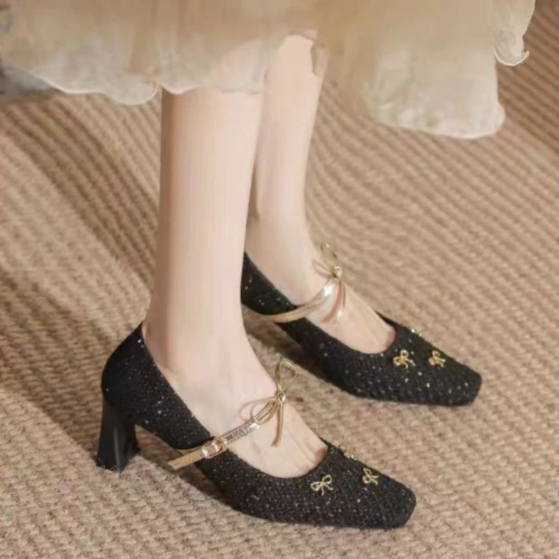 

2026 New Butterfly Knot Square Head Thick Heel High Heels Women's Elegant Slip-On Shoes Summer Autumn Winter