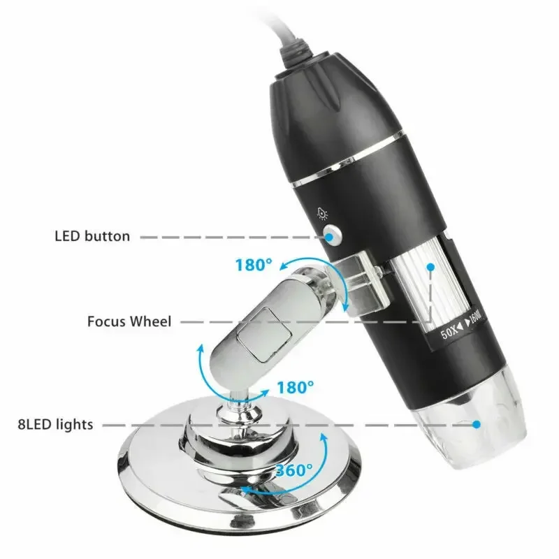 1600X 1000X 800X 500X 200X USB Digital Microscope Handheld Interface Electronic Magnifier 8 LEDs Endoscope Camera with Stand