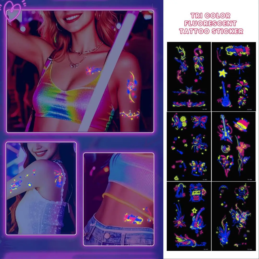 A 4/6/8Pcs Fluorescent UV Neon Temporary Tattoos Glow In Dark Body Face Stickers for Cosplay Themed Party Decoration
