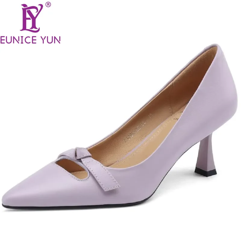 

【EUNICE YUN】Hot Sale Genuine Leather Pointed Toe Heels Wedding Spring Autumn Shoes Grace Cozy Butterfly-knot Slip on 33-42