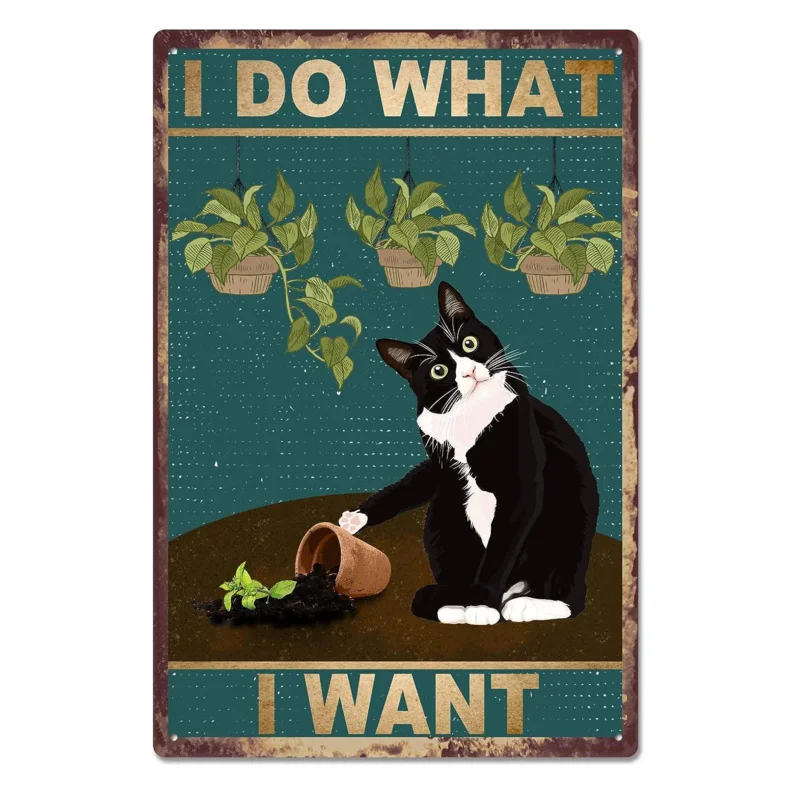 Funny Sign I Do What I Want to Do Vintage Cute Black Cat Metal Tin for Home Garden Kitchen Wall Art Decor 8x12 Inch