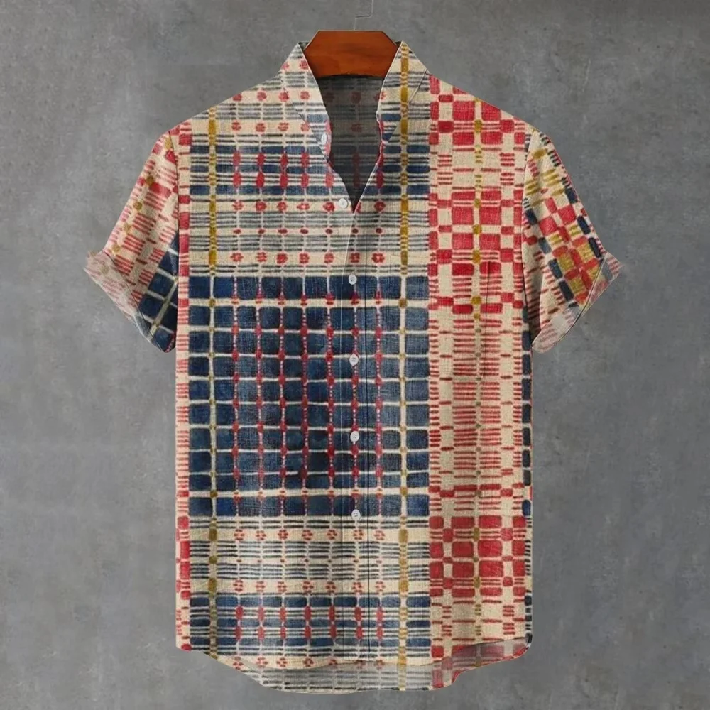 New blue purple gradient grid texture 3D animal print pattern men's short sleeved casual shirt clothing