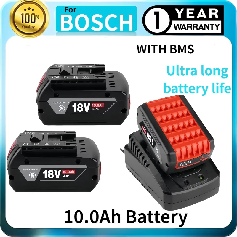 

For Bosch professional 18V 10.0AH Li-ion batteryreplacement AL1820CV+BAT610G with LED & for Bosch quick charger 14.4V-18V⚡