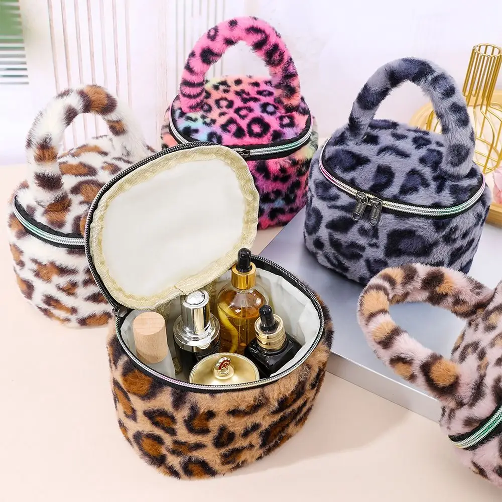 Bolsas de maquillaje de felpa con estampado de leopardo, bolsa de cosméticos suave de gran capacidad para mujer, organizador de almacenamiento de cosméticos con cremallera duradera para niñas