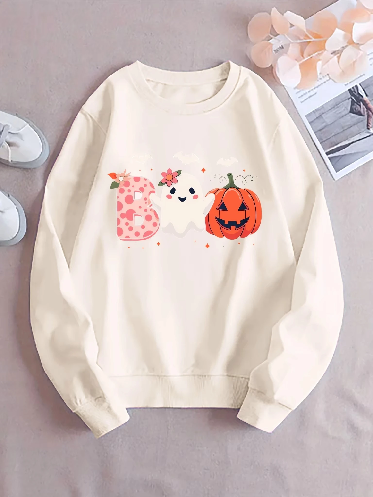 Kapuzenpullover mit Geistermuster, geeignet für Damen, Halloween-Stil, Herbst-Winter-Mode, bequem, Rundhalsausschnitt, Freizeitkleidung